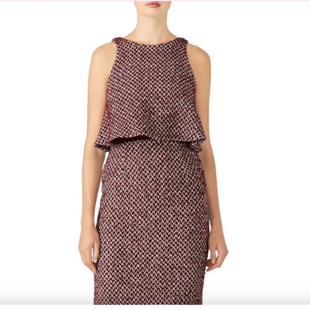 Paper Crane Carole Tweed Ruffled Lined Mini Dress in Burgandy